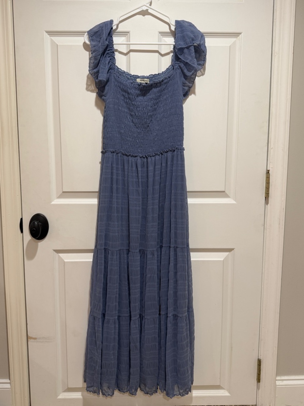 Max Studio Dusty Blue Smocked Maxi Dress with Ruffle Sleeves